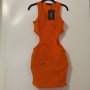 Orange Textured Racer Neck Side Cut Out Bodycon Dress